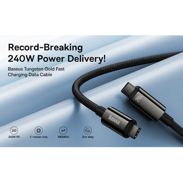 طول 2 متری کابل شارژ تایپ سی باسئوس TUNGSTEN GOLD CAWJ040101