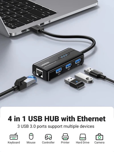 هاب USB 3.0 یوگرین مدل 20265 با 3 پورت USB 3.0 و LAN 1000