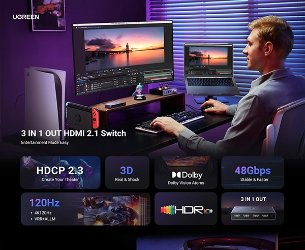 سوئیچ 1 به 3 HDMI یوگرین مدل CM624-15604 8K