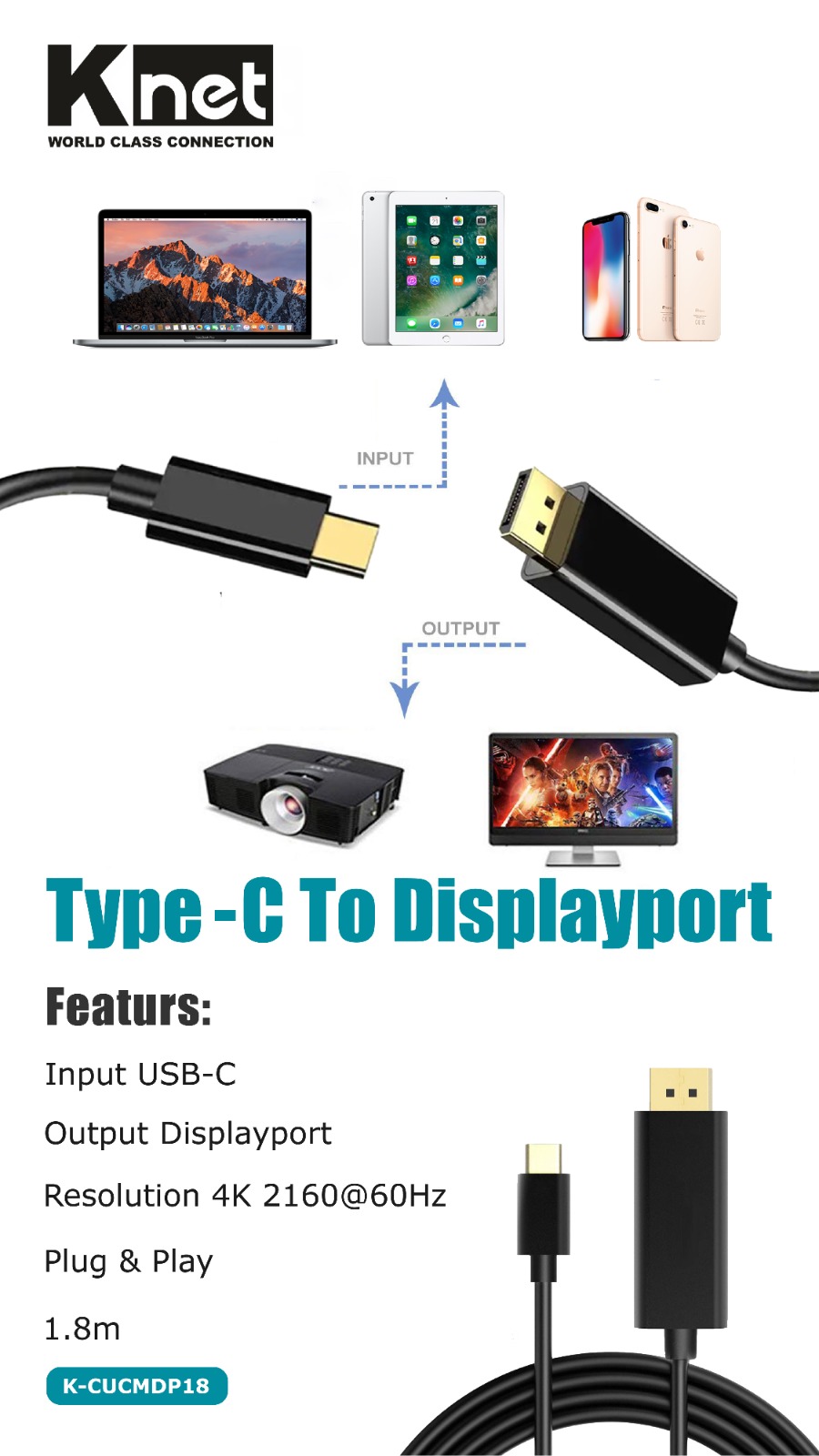 کابل تبدیل Type-C به Displayport با رزولوشن 4K کی نت مدل K-CUCMDP18 طول 1.8 متر