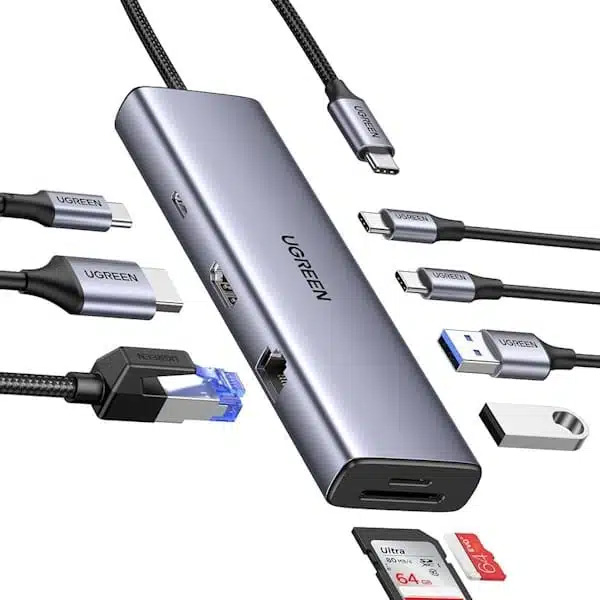 هاب 9 پورت Type-C یوگرین مدل CM498-15375 با 2 پورت USB3 0 و 2 پورت Type-C و 1 پورت HDMI و 1 پورت RJ45 و کارت حافظه SD/TF و PD