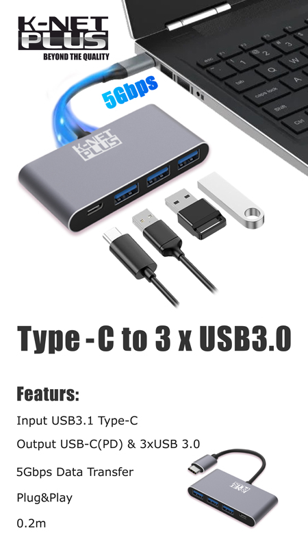 هاب تایپ سی کی نت پلاس مدل KP-HUCMH3102 با 3 پورت USB 3.0 و 1 پورت PD