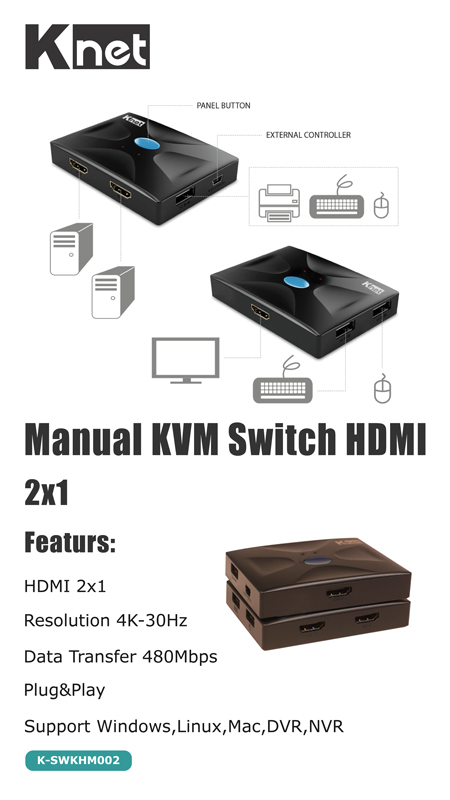 سوییچ KVM دو پورت HDMI کی نت مدل K-SWKHM002