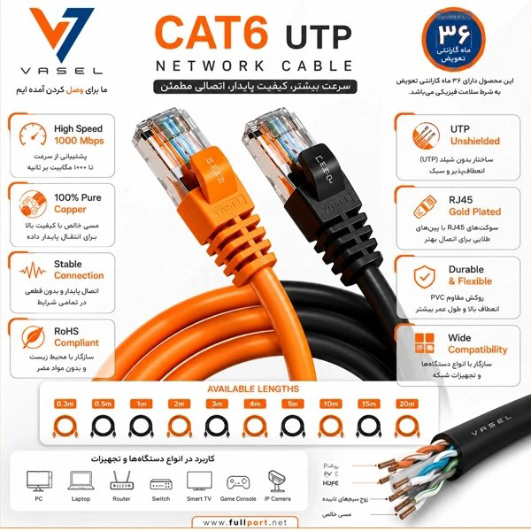 کابل شبکه پچ کورد UTP CAT6 واصل طول 20 متر