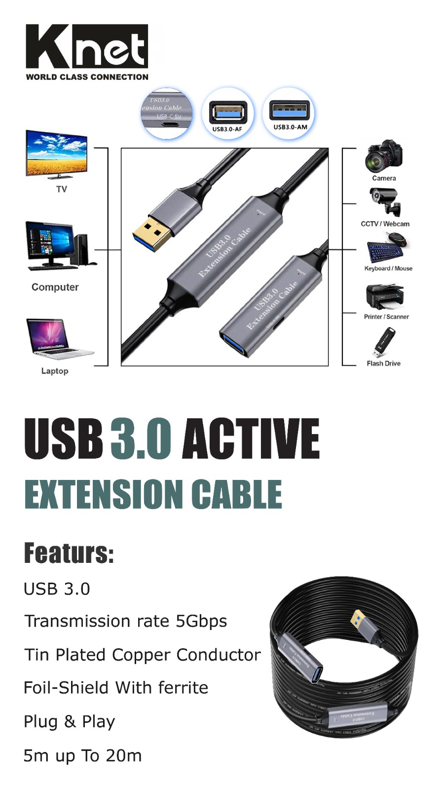 کابل افزایش طول USB 3.0 اکتیو کی نت طول 10 متر