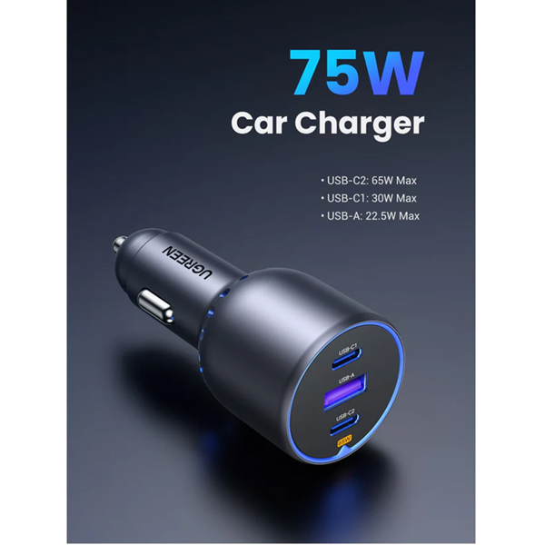 شارژر فندکی 75W یوگرین مدل EC703-35024 با 2 خروجی USB-C و 1 خروجی USB-A