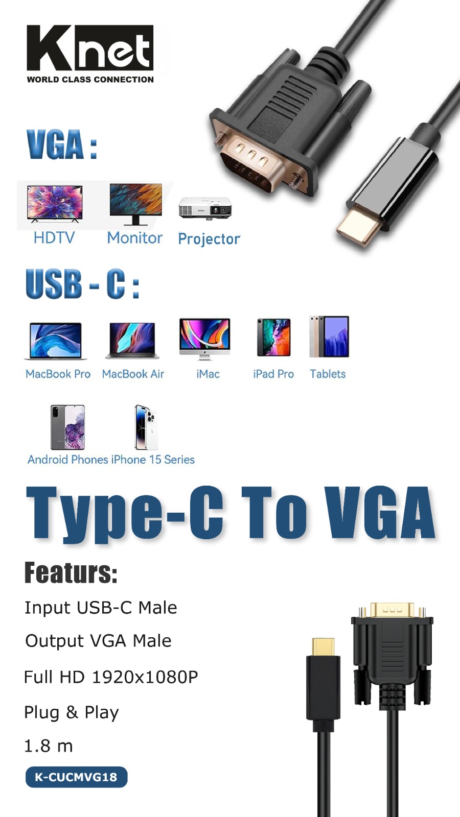 کابل تبدیل Type-C به VGA با رزولوشن FullHD کی نت مدل K-CUCMVG18 طول 1.8 متر