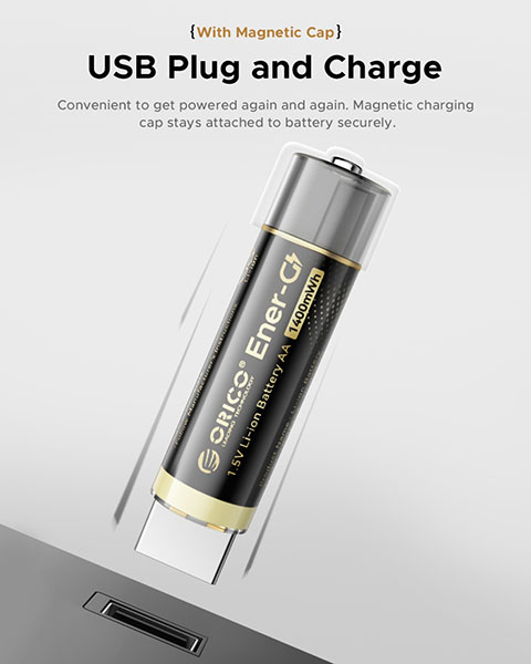 اتصال آسان به منظور شارژ باتری قابل شارژ USB-A قلمی اوریکو مدل EG5A-UN-2PK-BP ظرفیت ۱۴۰۰mWh از طریق پورت usb