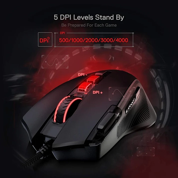 ماوس گیمینگ باسیم ردراگون Predator M612-RGB دارای پنج سطح DPI قابل تنظیم شامل 500، 1000، 2000، 3000 و 4000 DPI