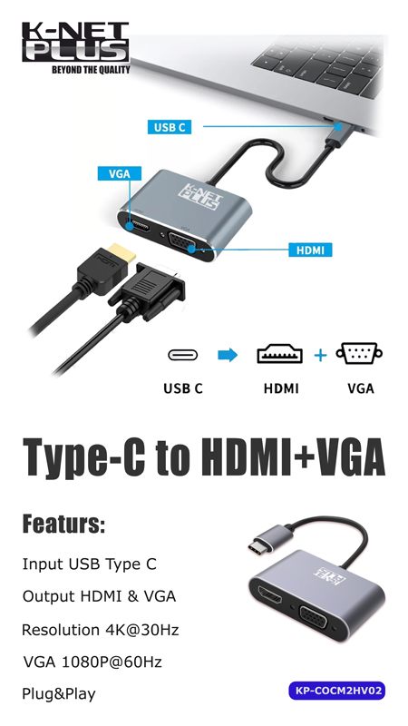 تبدیل Type-C به HDMI و VGA کی نت پلاس مدل KP-COCMV02