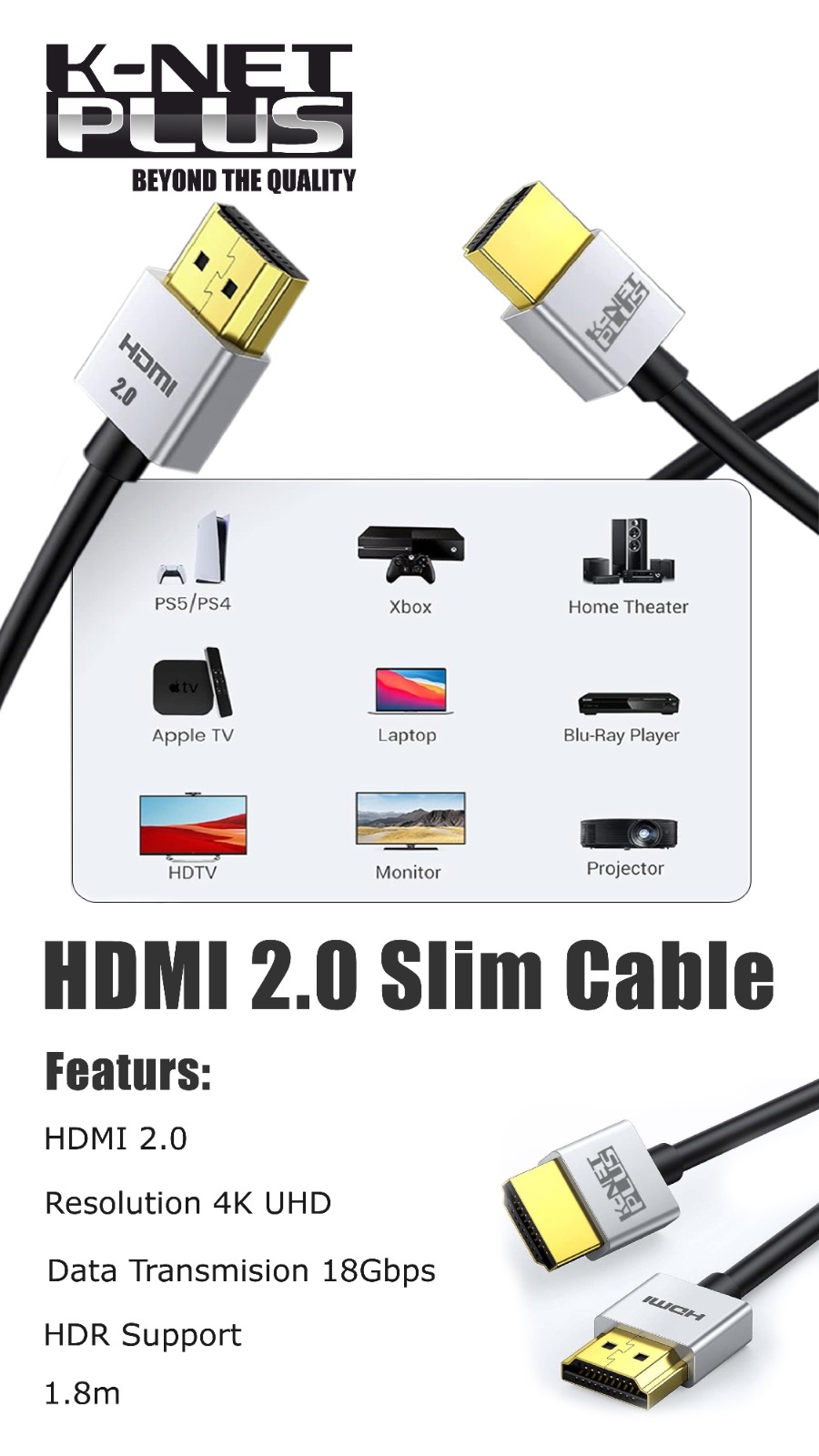 کابل HDMI 2.0 Slim کی نت پلاس مدل KP-CH20S18