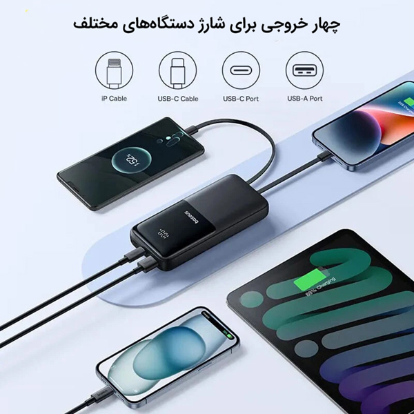 پاوربانک بیسوس P10079102123-00 با چهار خروجی شارژ دستگاه های مختلف