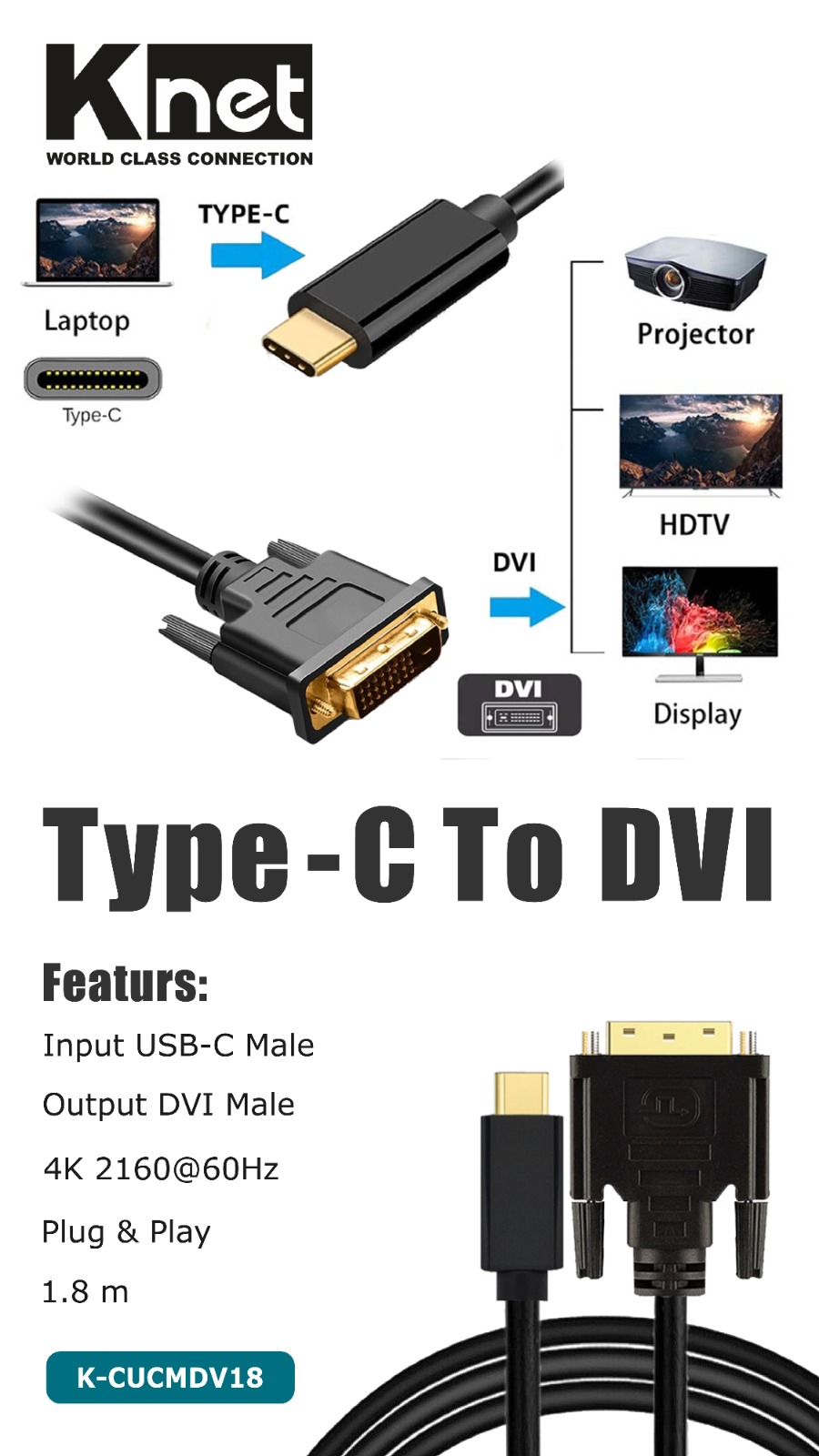 کابل تبدیل Type-C به DVI با رزولوشن 4K کی نت مدل K-CUCMDV18 طول 1.8 متر