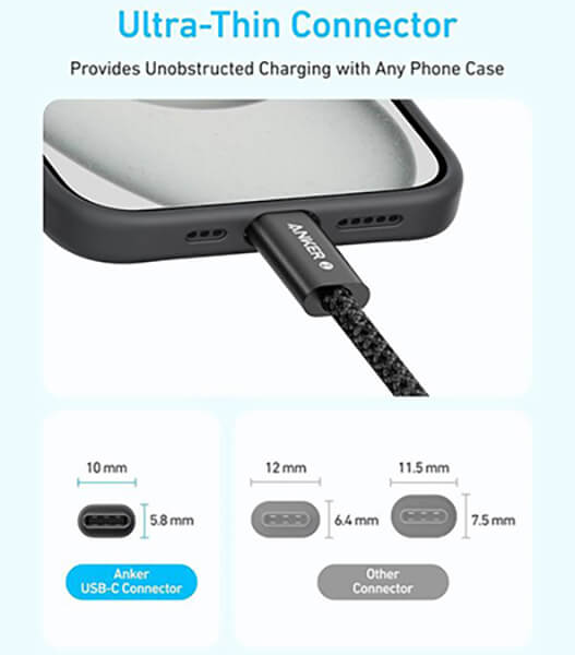 ابعاد کابل شارژ Type-C انکر مدل Zolo A8060H12 طول 1.80 متر (240 وات)