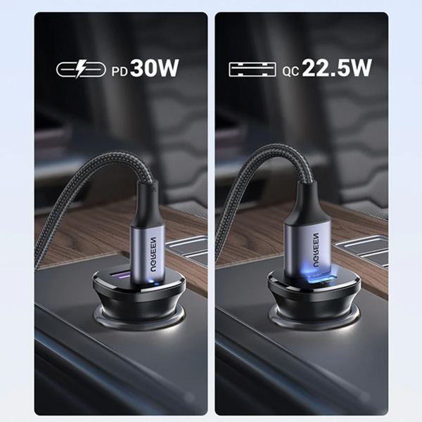 شارژر فندکی 30W یوگرین مدل EC305-25845 با 1 خروجی Type-C و 1 خروجی USB