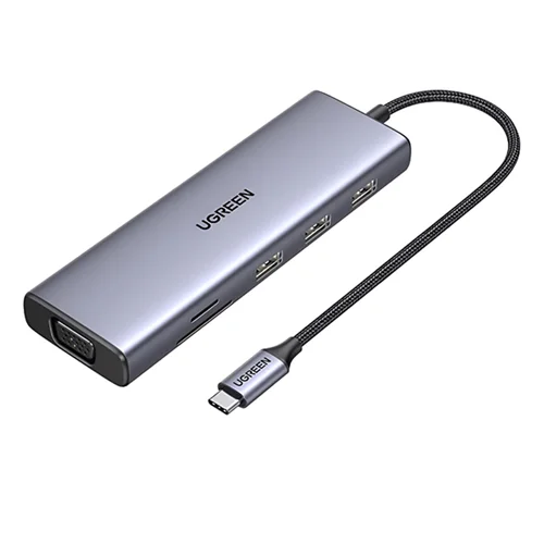 هاب ۹ پورت USB-C یوگرین مدل CM498-15600 با 3 پورت USB 3.0 و 1 پورت HDMI و VGA و RJ45 و کارت حافظه SD/TF و PD