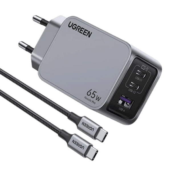 شارژر دیواری 65 وات یوگرین مدل X755-25871 با 1 خروجی USB-A و 2 خروجی USB-C همراه با کابل Type-C