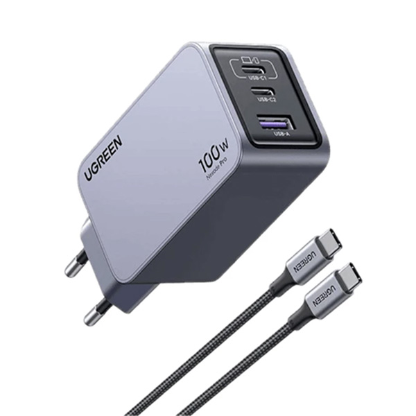 شارژر دیواری 100 وات یوگرین مدل X757-25874 با 1 خروجی USB-A و 2 خروجی USB-C همراه با کابل Type-C