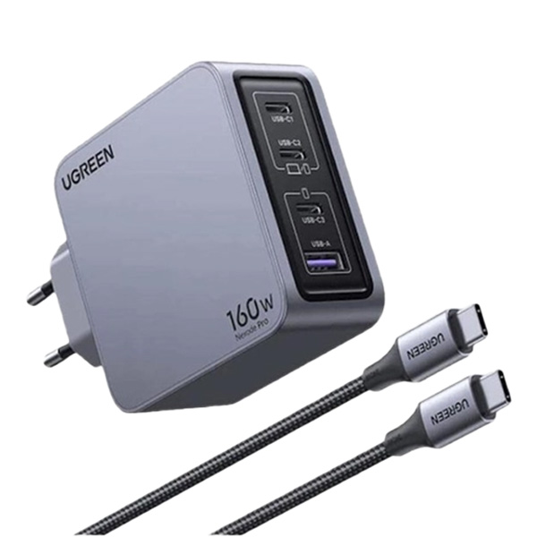 شارژر دیواری 160 وات یوگرین مدل X763-25877 با 1 خروجی USB-A و 3 خروجی USB-C همراه با کابل Type-C